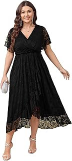 SCOMCHIC Womens Plus Size Wedding Guest Dress Formal Lace Wrap V Neck High Low Short Sleeve Cocktail Maxi Dresses XL-4XL