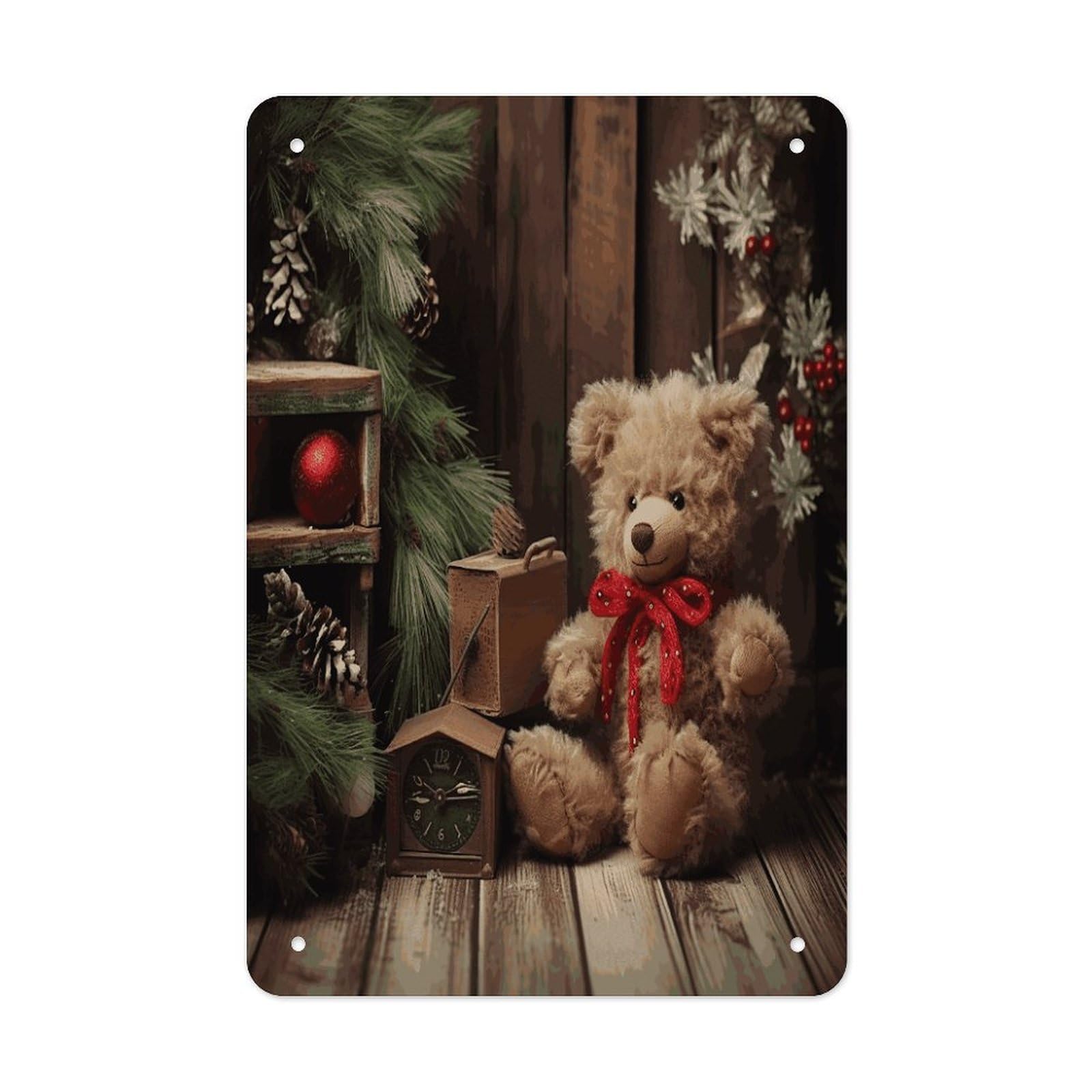 LDGSUPH Xmas Tree Branch Bear Doll Wall Art Prints Folded Edge Iron Sheet Painting with Holes for Wall Prints Decorative Picture Metal Signboard Decor Painting for Outdoor Indoor Wall Decor