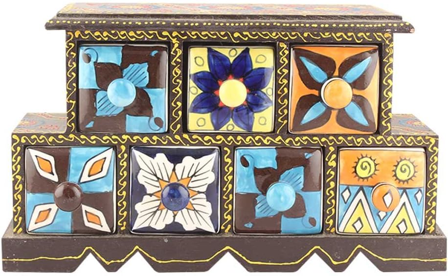 IndianShelf Handmade Wooden Ceramic Spice Organizer Container Seasoning Masala Rack Traditional Jewellery Utility Dry Fruits Box Designer Unique Gift Item SB-900
