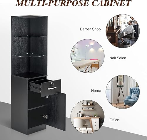 Miniatura 7 de BarberPub Armario de almacenamiento de esquina con puerta y estantes de vidrio para oficina en casa, salón de belleza, spa 3200 (negro)