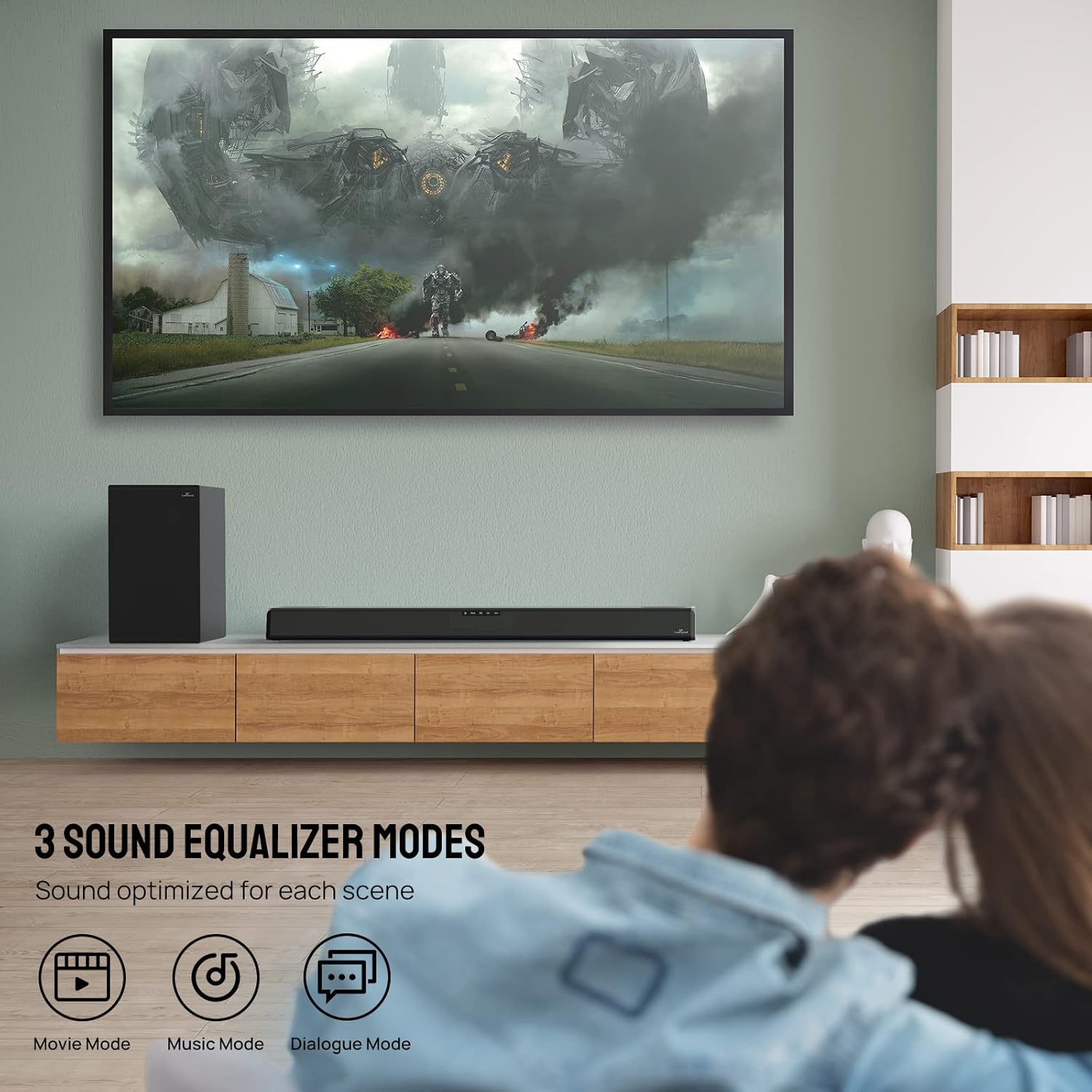 Image showing three sound equalizer modes: Movie Mode, Music Mode, and Dialogue Mode, with icons representing each.