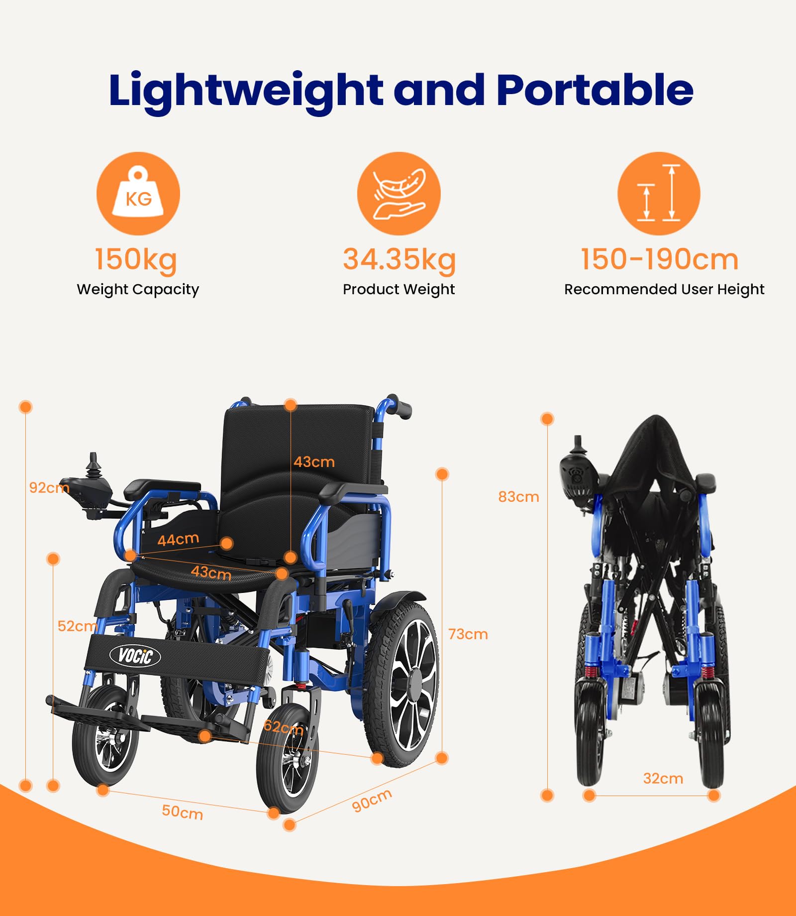VOCIC V56 Silla de ruedas electrica plegable ligera 150KG,30KM silla ruedas electrico estable con neumáticos de goma 40CM para todos los terrenos,Aprobado por la aerolínea,Garantía de 5 años (Azul)