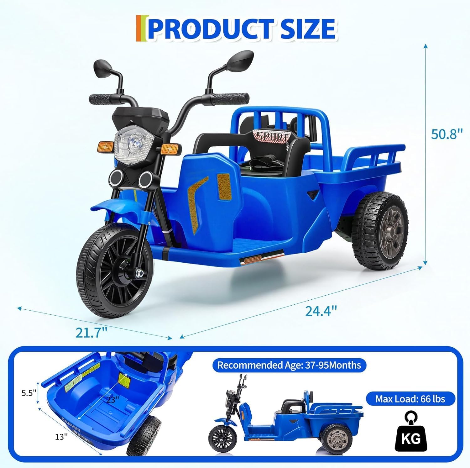 Elektrischer Traktor mit Anhänger 12V, Tuk-Tuk für Kinder, Dreirad, Musik, LED, Hupe – Elektrisches Kinderfahrzeug, Outdoor Spielzeug, 3-6KM/H, Elektro-Trike für Kinder von 3–8 Jahren