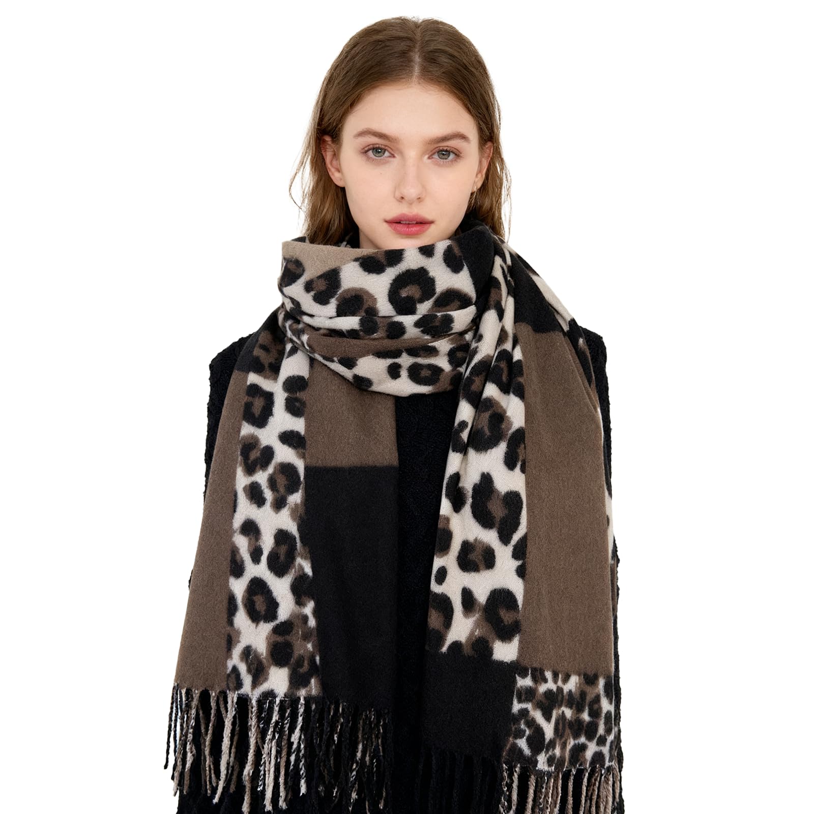 ZCJ Sjaal voor dames, warm, herfst, winter, luipaardpatroon, kasjmier gevoel, leo-halsdoek met franjes, wintersjaal voor dames als premium doek & dierenprint sjaals en doeken voor avondjurk, groen