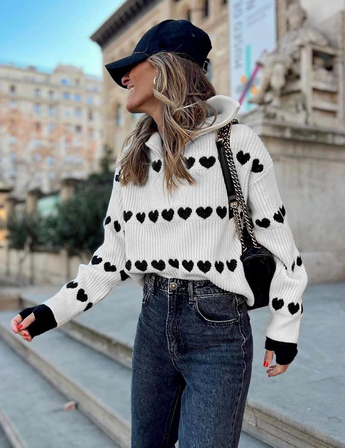 Wyeysyt Heart Sweater for Women Valentines Quarter Zip Sweater Oversized Long Sleeve Knit Pullover Valentine's Day - Image 3