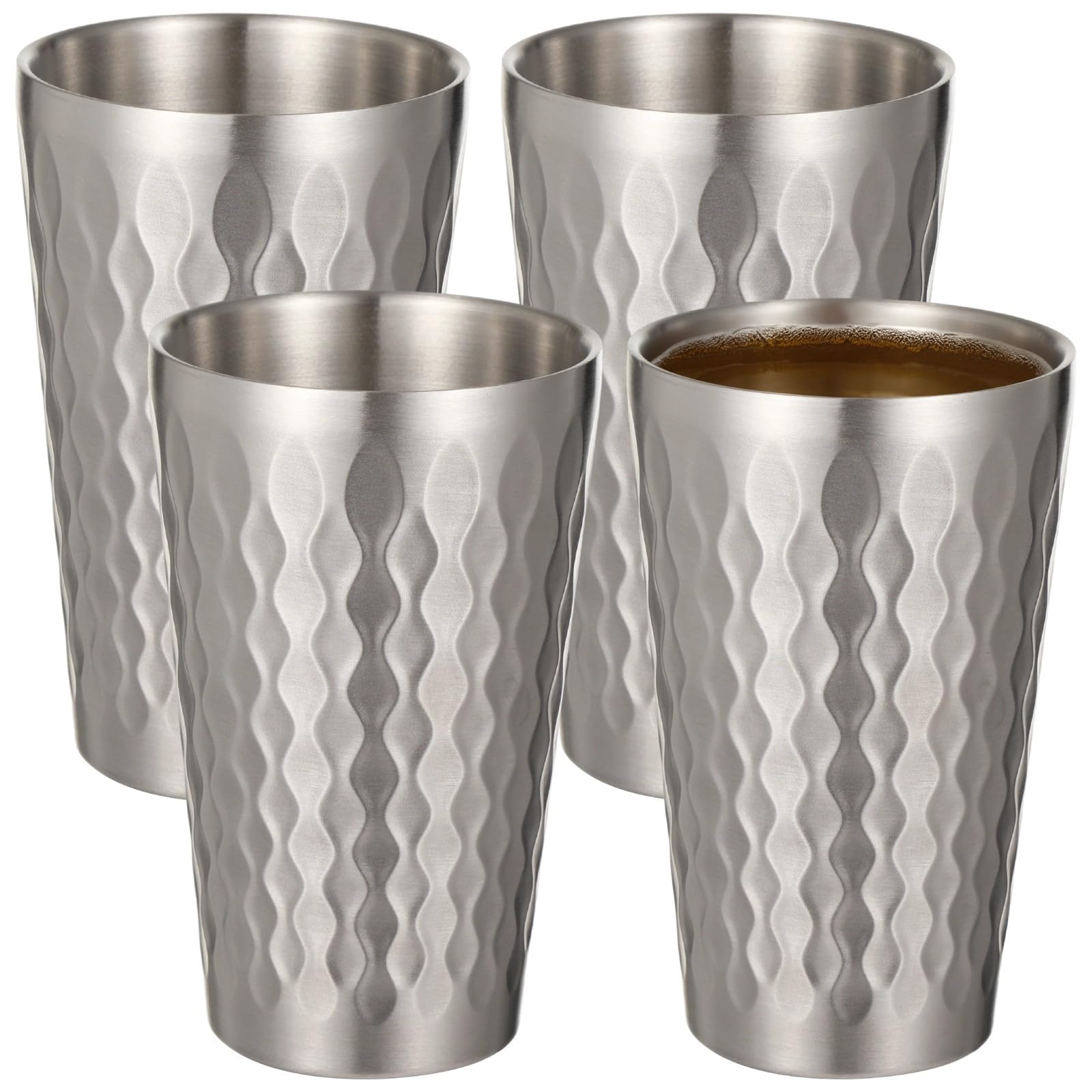 4 Stück 425 ml unzerbrechliche stapelbare Wasserbecher, Edelstahl, doppelwandig, koreanisch, gehämmert, isolierter Metallbecher für Partys, Getränke, Bier, Silber