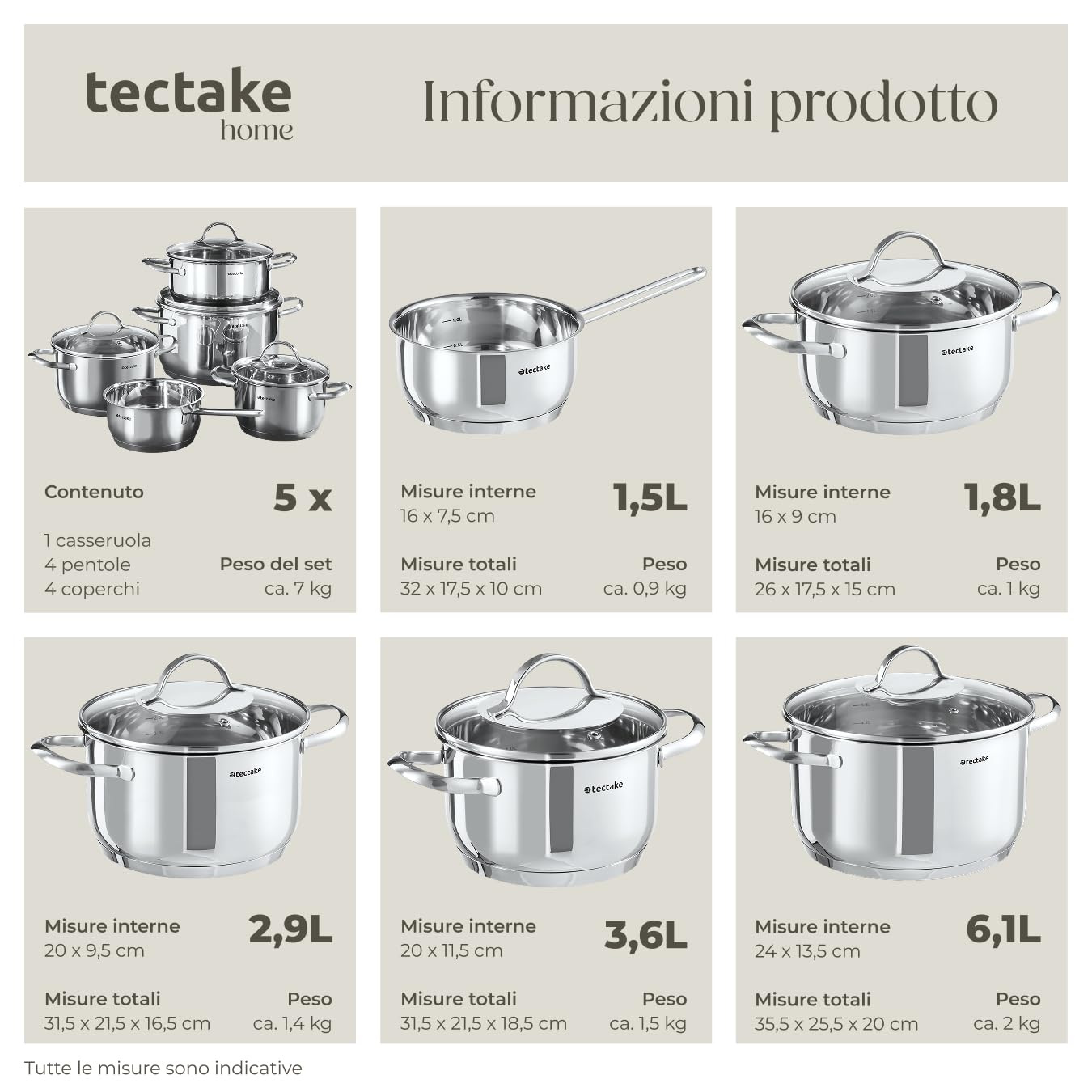 tectake® Set di Pentole, 9 Pezzi, Acciaio Inossidabile di Alta Qualità, Adatto a Induzione, Gas, Elettrico, 4 Pentole con Coperchio e Casseruola con Manico, Lavabili in Lavastoviglie