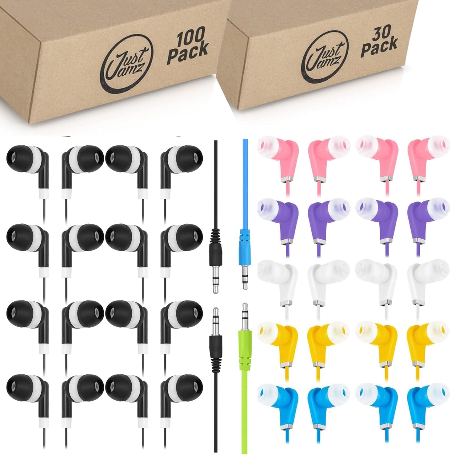 JustJamz 130 Bulk Earbuds Bundle: 100 Black Dot Wired Earphones + 30 Multicolor in-Ear Headphones | Disposable Classroom Earphones for Students, Kids, Libraries, and School Activities