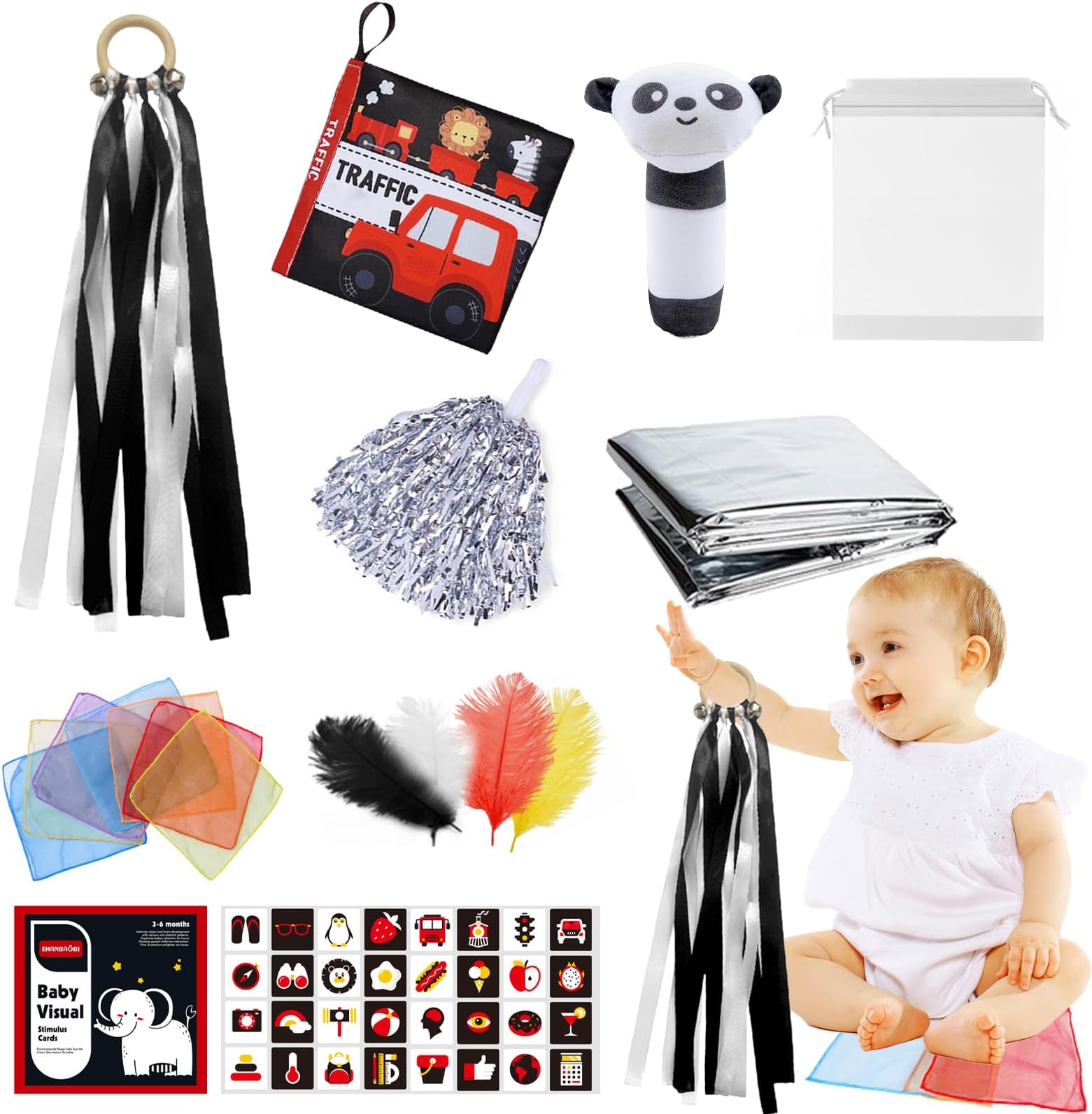 26 Pcs Black and White Sensory Toys, Baby Sensory Toys 0-6 Months for Babies, Newborn Sensory Toys with Foil Blanket Scarf Crinkle Papers Ribbon Loop Feathers Cheerleading Pom Poms Baby Rattles