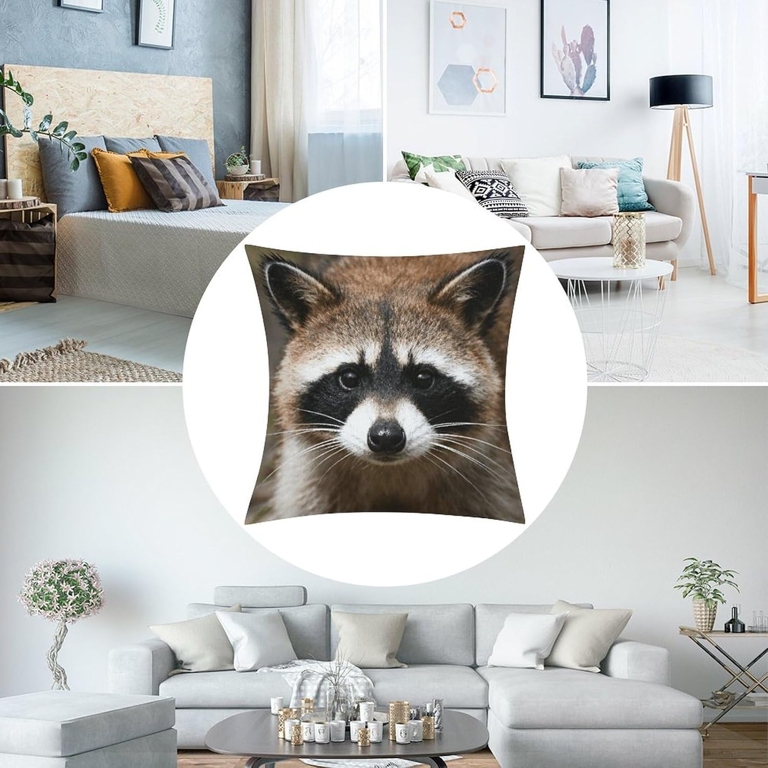 Raccoon Face Pillow Protectors Cute Waterproof Pillow Cover Soft Skin-Friendly Cushion Case Decorative Square Cushion Cover for Couch Sofa Bed Living Room Bedroom