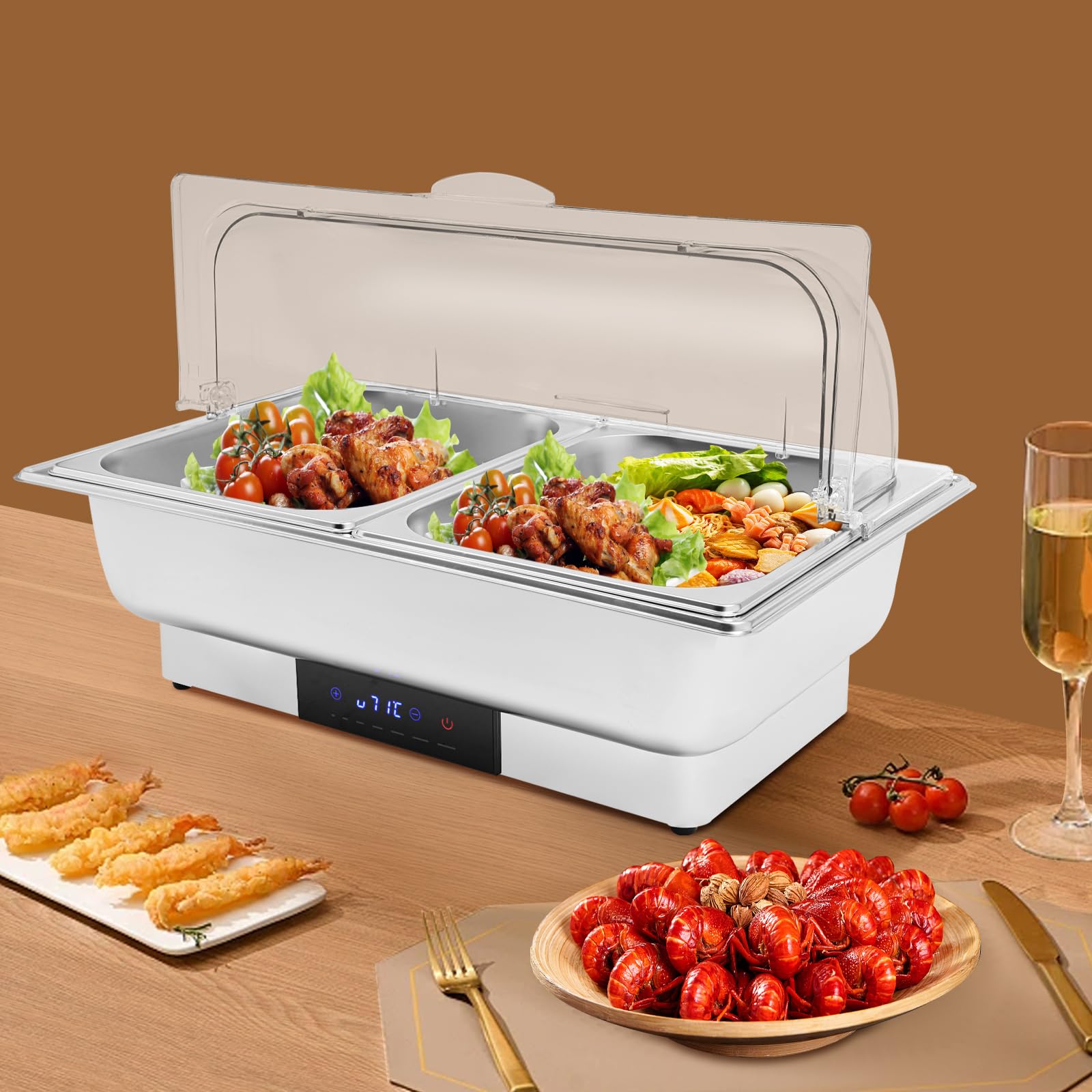 Scaldabagno a buffet, in acciaio inox da 9 l, con 2 padelle per alimenti, riscaldamento elettrico CNC, per catering, buffet e feste di nozze