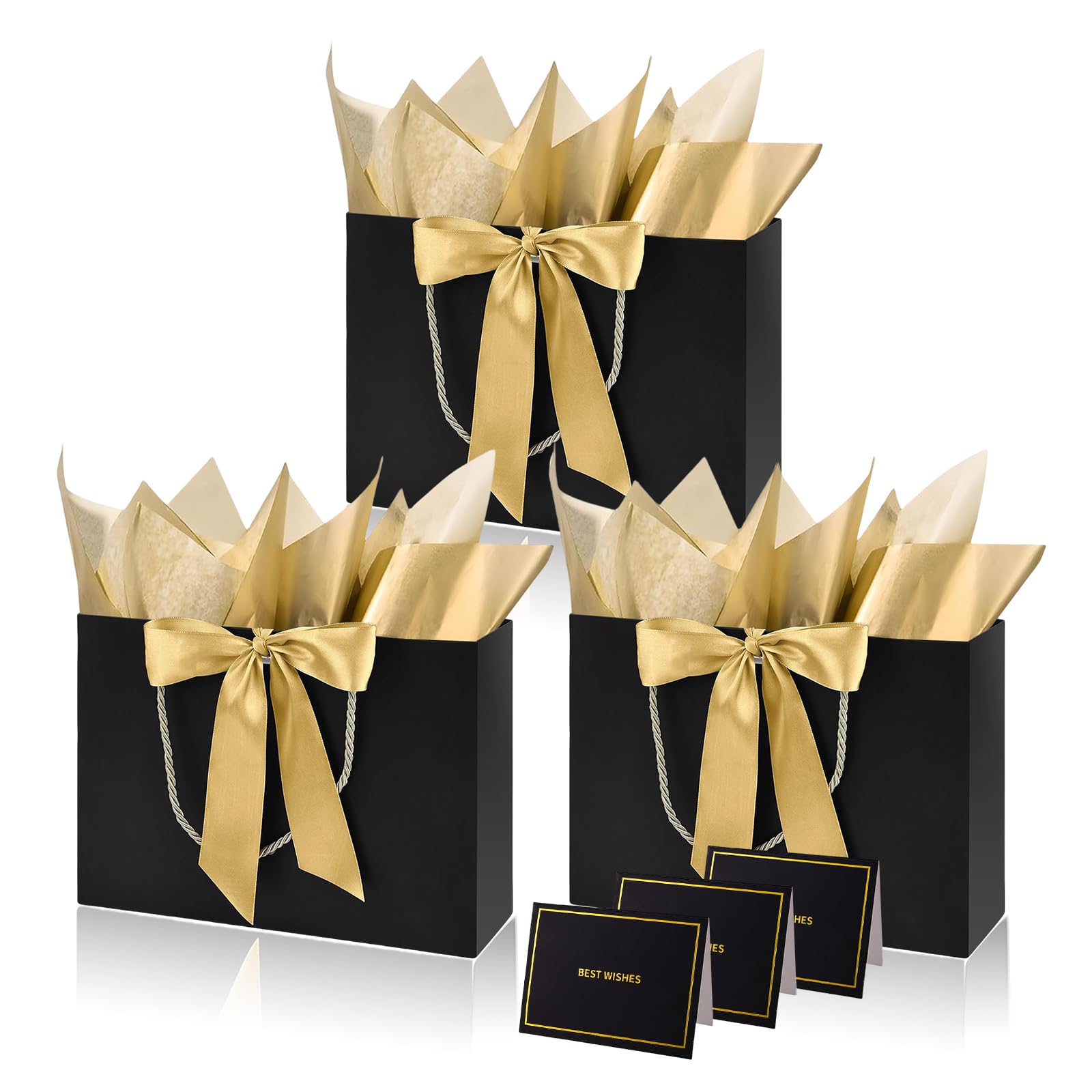 Black Paper Gift Bags with Handles,3pcs Medium Gift Bags for Presents,Wrapping Gift-Bag with Bow Ribbon Tissue Papers and Cards,28 * 20 * 10cm Wrapping Bag for Christmas Birthday Wedding Bridesmaid — image 1