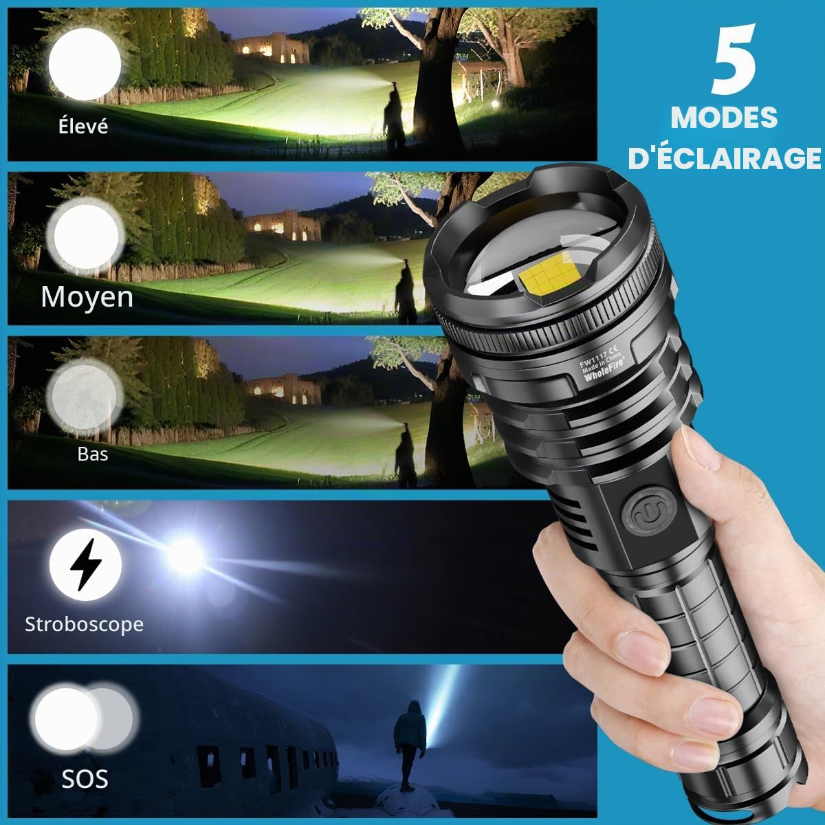 Lampe torche LED rechargeable de 90000 lumens,lampe torche | XHP160 puissante super,zoomable,étanche,5 modes USB pour camping,randonnée,plein air,urgence
