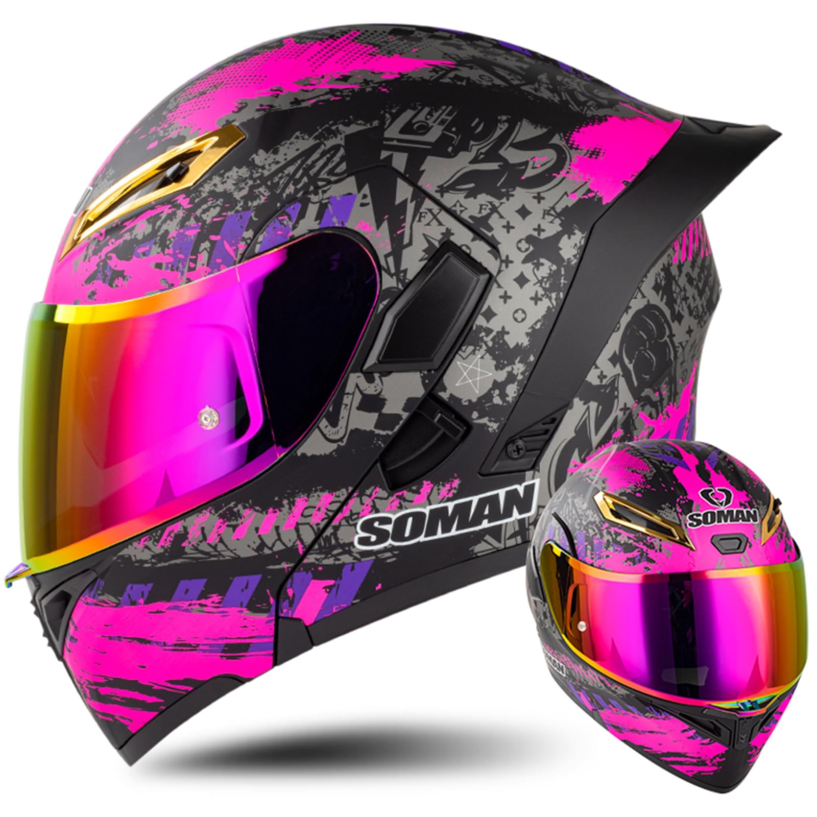 Wyxaxnm Men's Purple Motorcycle Helmet Modular Flip Up Front Motorbike Helmet, Dot/Ece Approved Full Face Helmet With Double Visor Revo Colored Lens Crash Helmet For Wo,-S(55~56Cm)