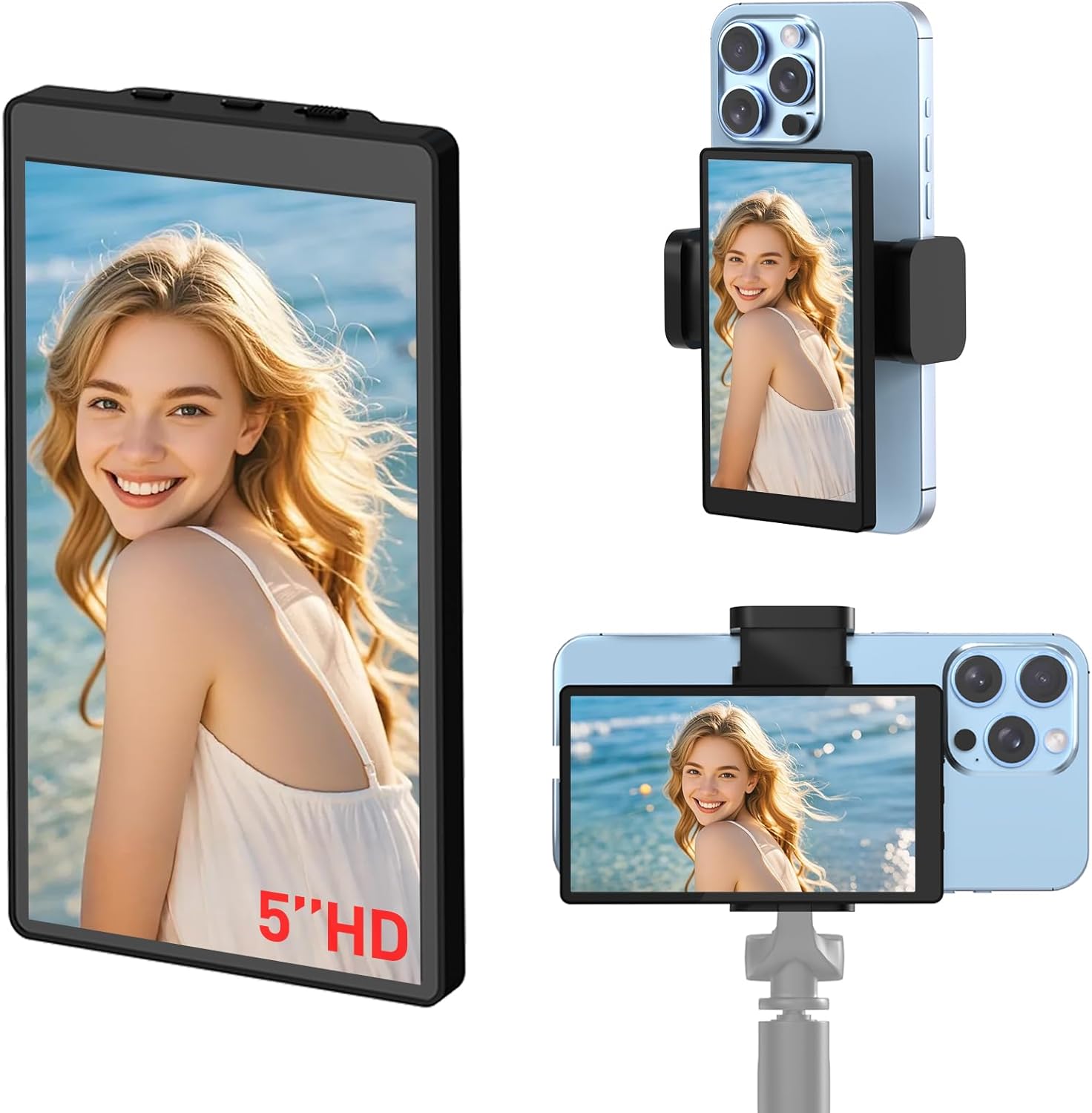 5'' Phone Vlog Selfie Monitor Screen, Selfie Screen Low Latency Wireless Recording w/Magnetic Phone Mount/Remote Control, Adjustable Brightness Rear Camera for Vlog Live Stream iPhone