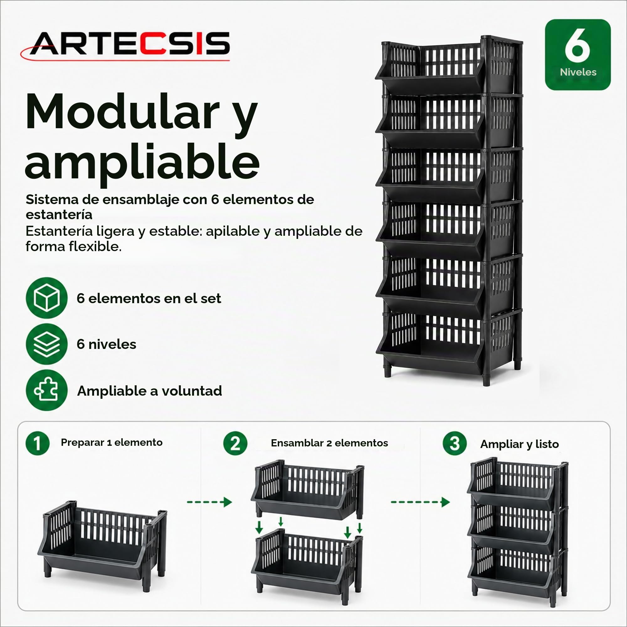 ARTECSIS Estante cestas de plástico de 6 niveles, 110 x 41 x 30 cm, color negro y almacenamiento modular