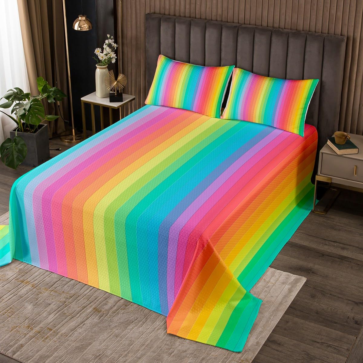 Homewish Colorful Stripes Bedspread Set Queen Size for Kids,Boys Girls Rainbow Quilt Set Line Gradient Bedspread Coverlet Stripes Art Bedspread 3 Piece Decorative Bedding Quilted with 2 Pillow Shams