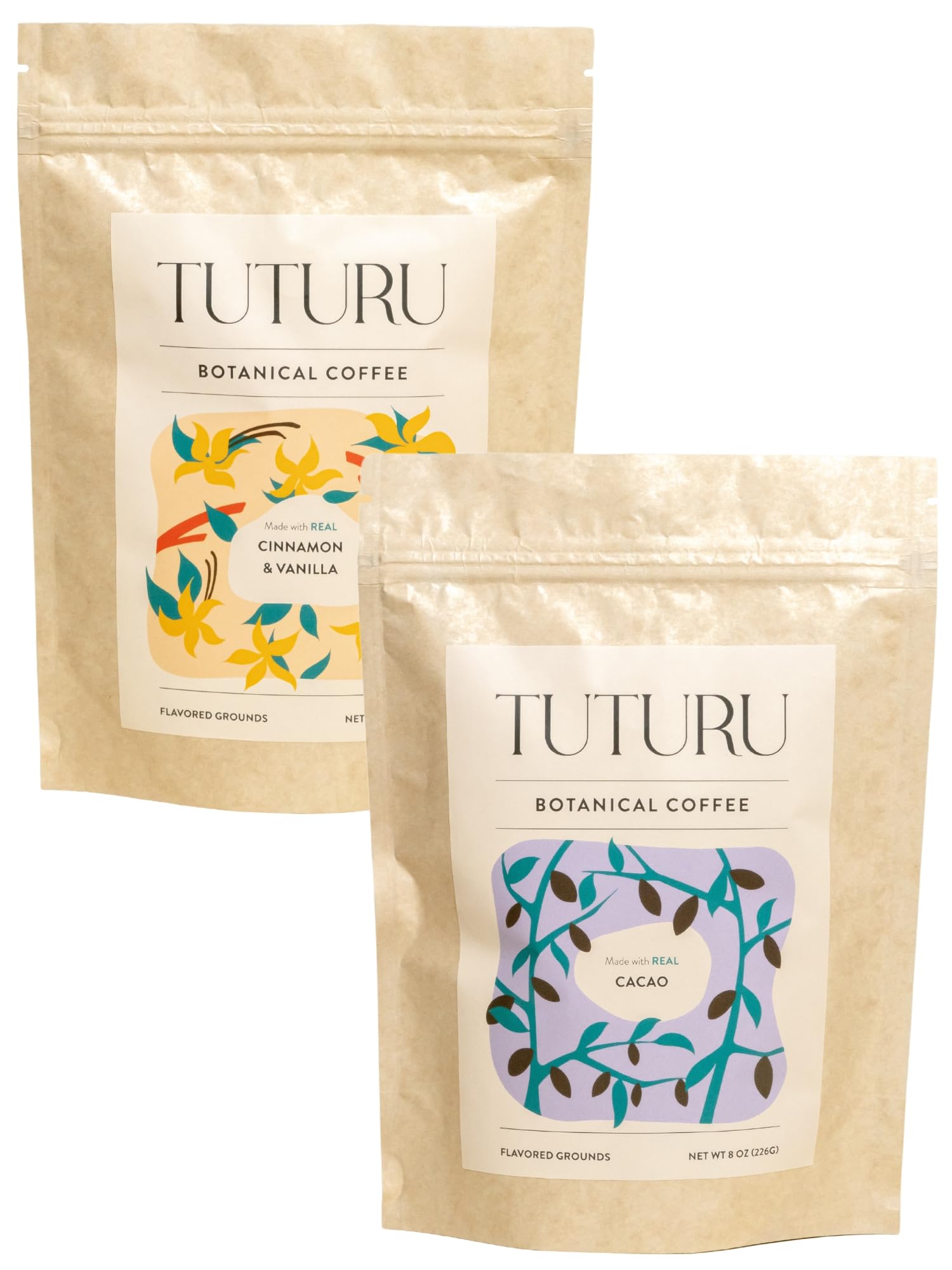 TUTURU Chocolate Vanilla Ground Coffee Bundle | Real Cacao, Cinnamon & Vanilla | Medium Roast, Organic Coffee | 8oz Compostable