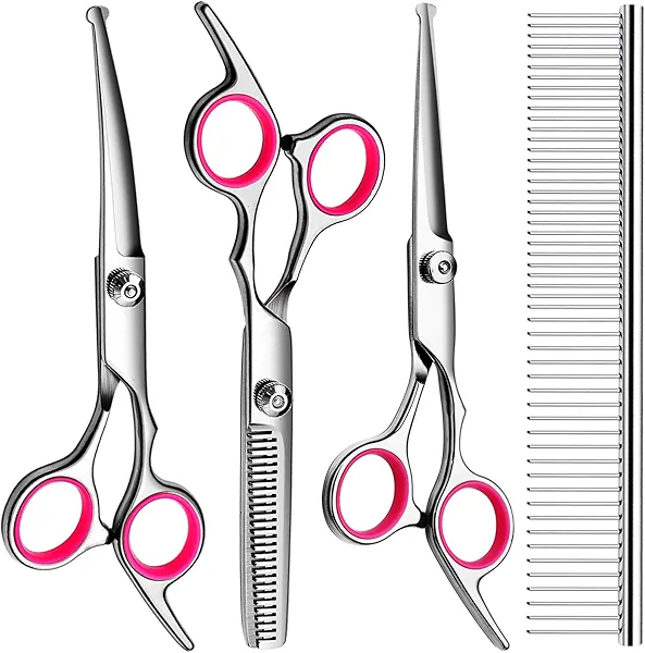 FAIGEO Professional Dog Grooming Scissors Kit, Titanium Coated Dog Scissors for Grooming, Grooming Shears Kit for Dogs Cat At Home (Pink 5 in 1)