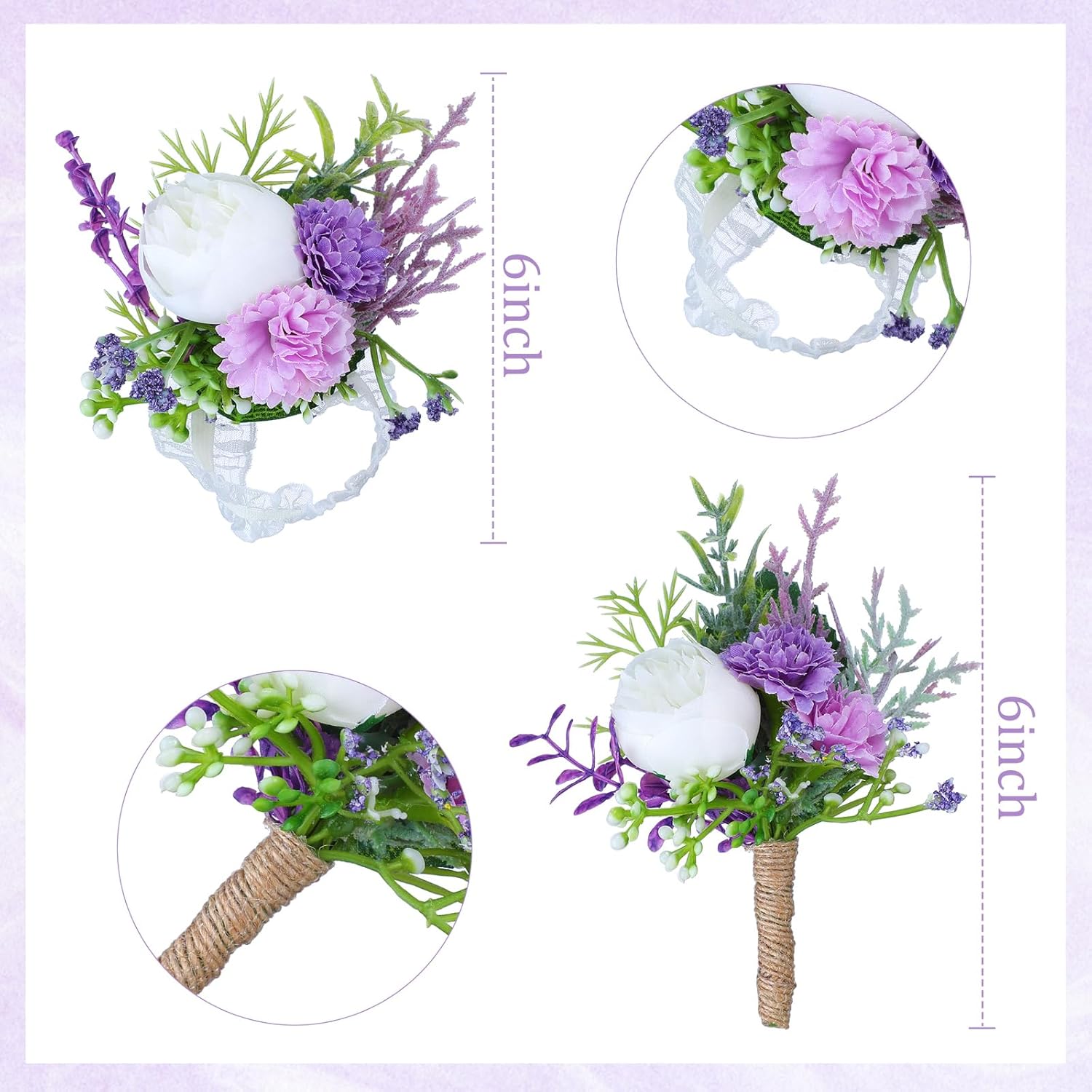 12 Pcs Wedding Corsage and Boutonniere Set Artificial Rose Wedding Corsage Wristband with Pins for Prom Men Bride Party Accessories Groom Groomsmen Bridesmaids Women (Bright,Purple)
