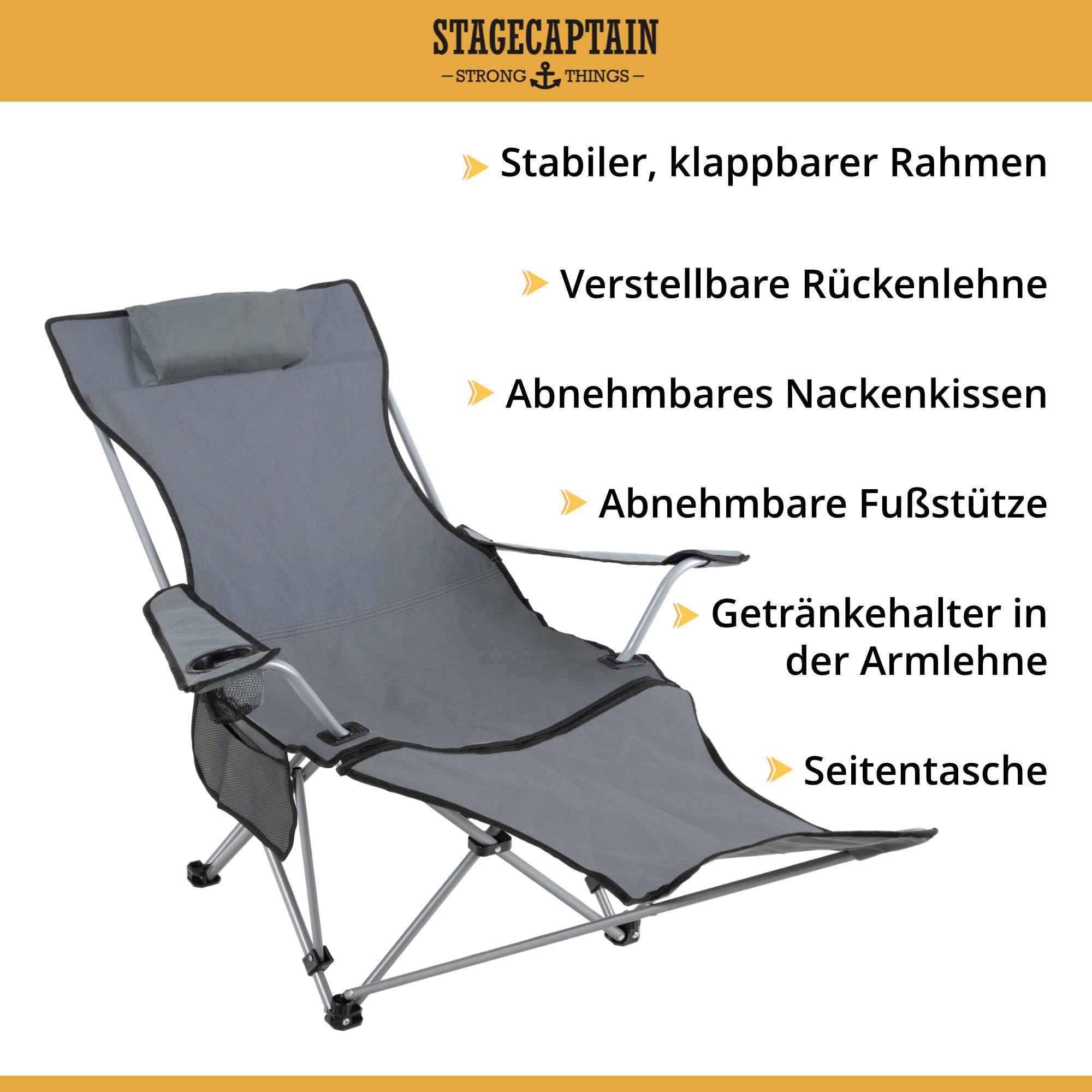 Stagecaptain CSF-600 MKII Nick Campingsessel mit Fußstütze – Faltbarer Campingstuhl mit Verstellbarer Rückenlehne, Getränkehalter & Tragetasche - Klappstuhl für Camping, Angeln & Festival - Grau