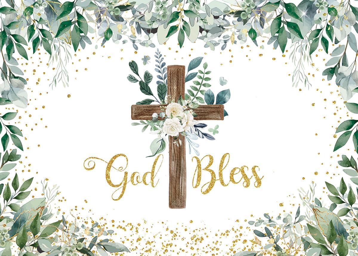 Eucalyptus God Bless Backdrop Greenery Wooden Cross Baptism Photography Background Eucalyptus God Bless First Holy Communion Party Decoration(8x6FT)