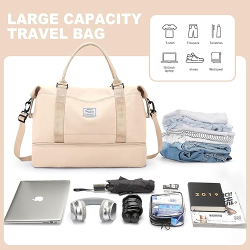 Miniatura 3 de Bolsas de fin de semana para mujer, bolsas de viaje con compartimento para zapatos, Beige, Bolsa de viaje+neceser