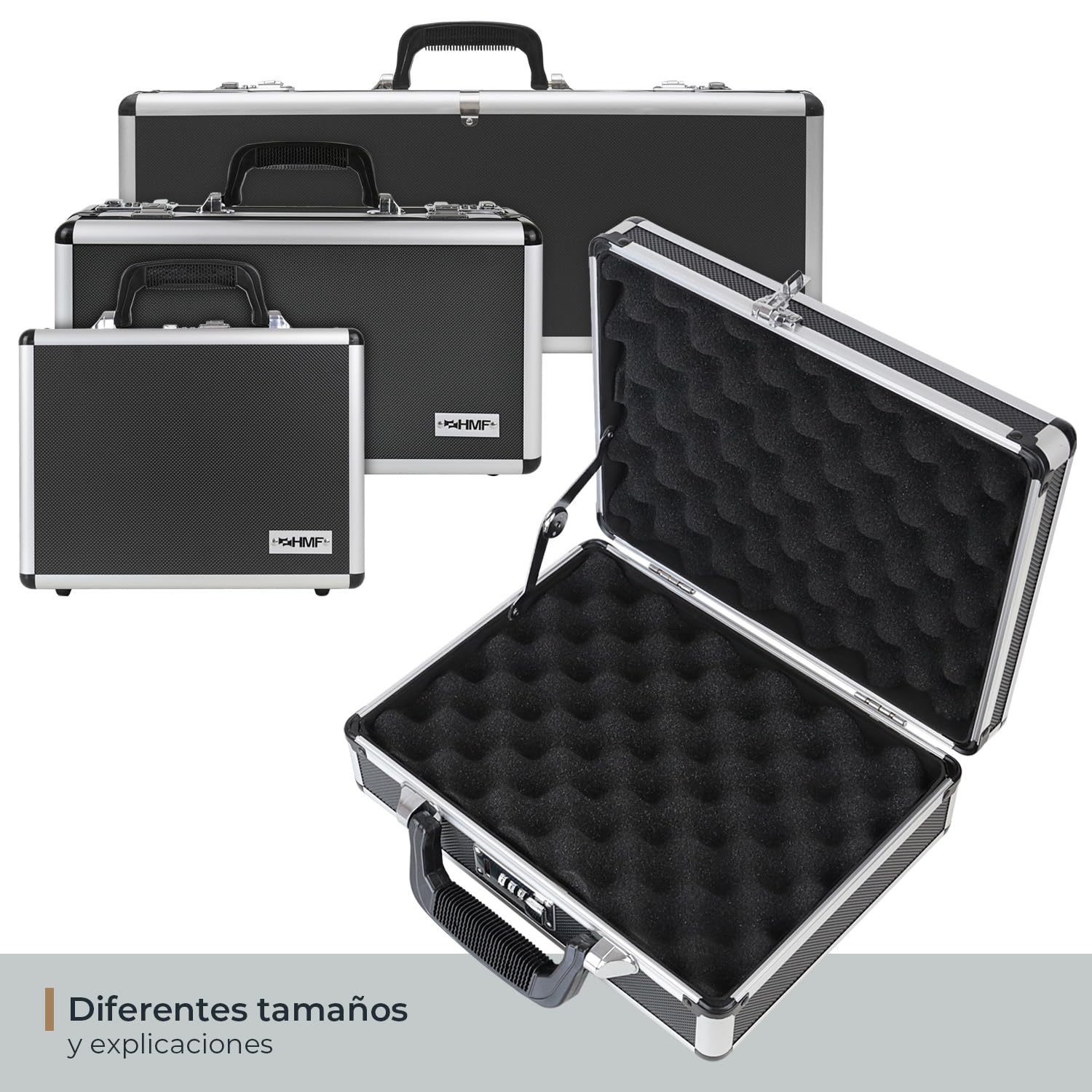 HMF 14401-02 Maleta de Aluminio para Pistolas con Cerradura de Combinación | 31 x 26 x 11 cm | Negro