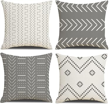 Cushion Covers 45 x 45 cm Farmhouse Cushioncase cover, Set of 4 Gray Textured Patchwork Square PillowCase for Sofa Chair Bedroom Modern Decor Home Office Couch Car Garden