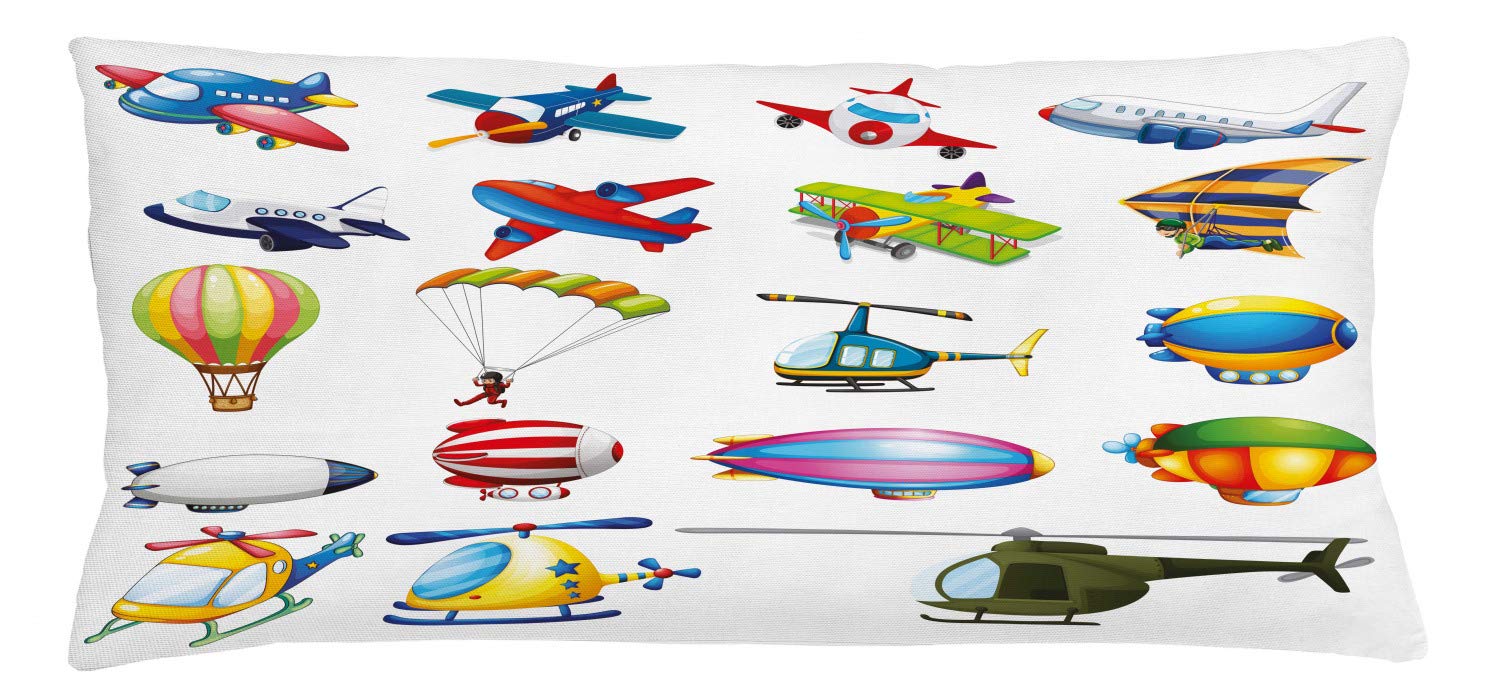 Lunarable Cartoon Throw Pillow Cushion Cover, Different Types of Air Travel Plane Zeppelin Helicopter Glider Art, Decorative Square Accent Pillow Case, 36