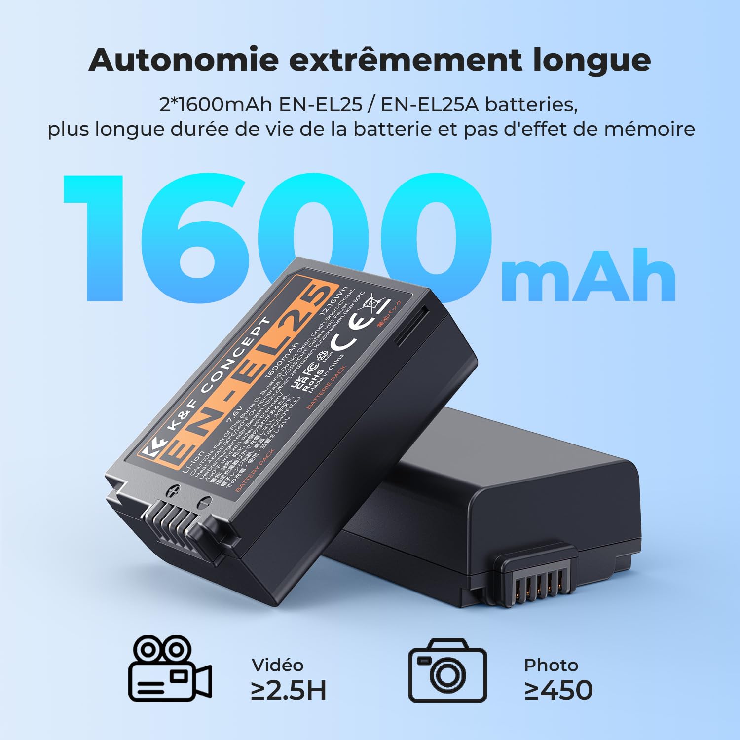 K&F CONCEPT EN-EL25 Batterie 1600 mAh 2 Batteries EN-EL25A et Chargeur de Batterie Double LCD Compatible avec Z50II, Z50, Z30, Z FC Chargeur de Batterie MH-32