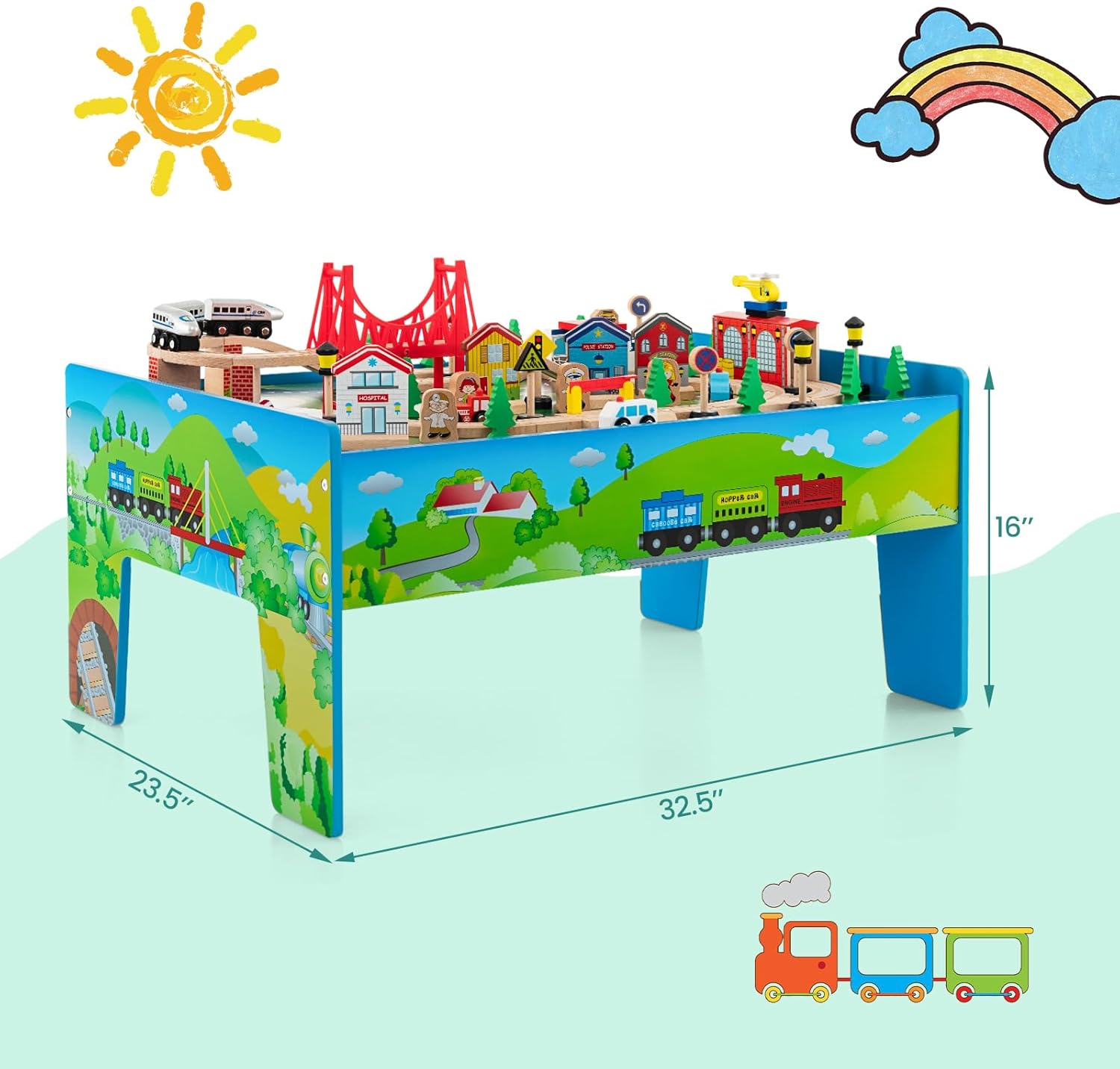 GLACER 80-Piece Train Table, Large Multipurpose Wooden Toy Activity Table Playset with Reversible Detachable Tabletop, Railway Tracks, Trains, Cars, DIY, Gift for Boys Girls Age 18M+, Multi-Color