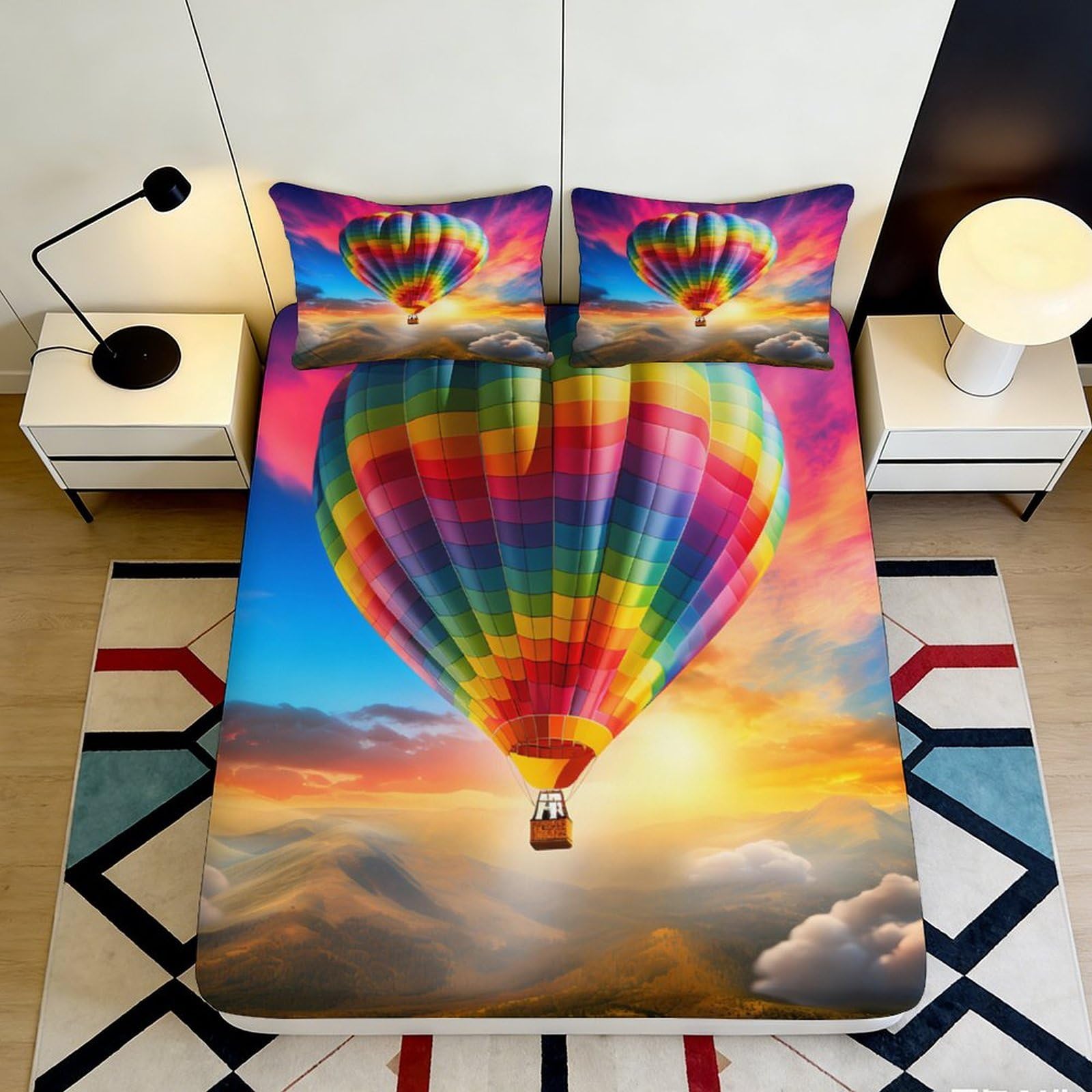 Jqzkxnhpbr Style-4 3D Printed Rainbow Hot Air Balloon Fitted Sheet Microfiber Soft Mattress Cover Vibrant Cloud Sky For Bedroom Dorm Decor 90X200x25cm