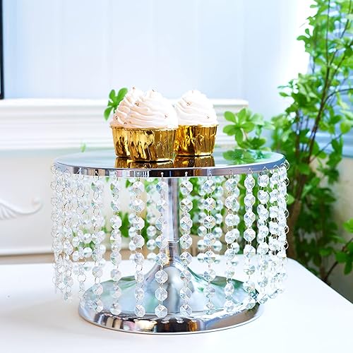 Miniatura 40 de Soporte redondo de metal para tartas con colgantes y cuentas de cristal, 12 pulgadas, soporte de decoración de pasteles dorado para mesa de postres