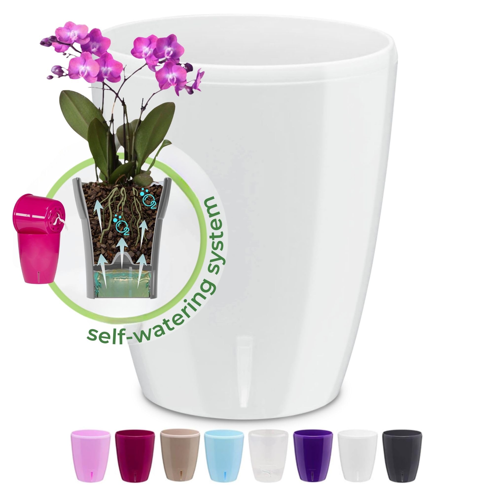 Happyplants ORCHIDEA Self-Watering Orchid Pot Flower Planter With Water Level Indicator Water Reserve And Drainage Holes (White, Ø12.5CM - 1.3L)