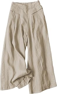 Women's Cotton Linen Culottes Pants Elastic Waist Wide Leg Palazzo Trous...
