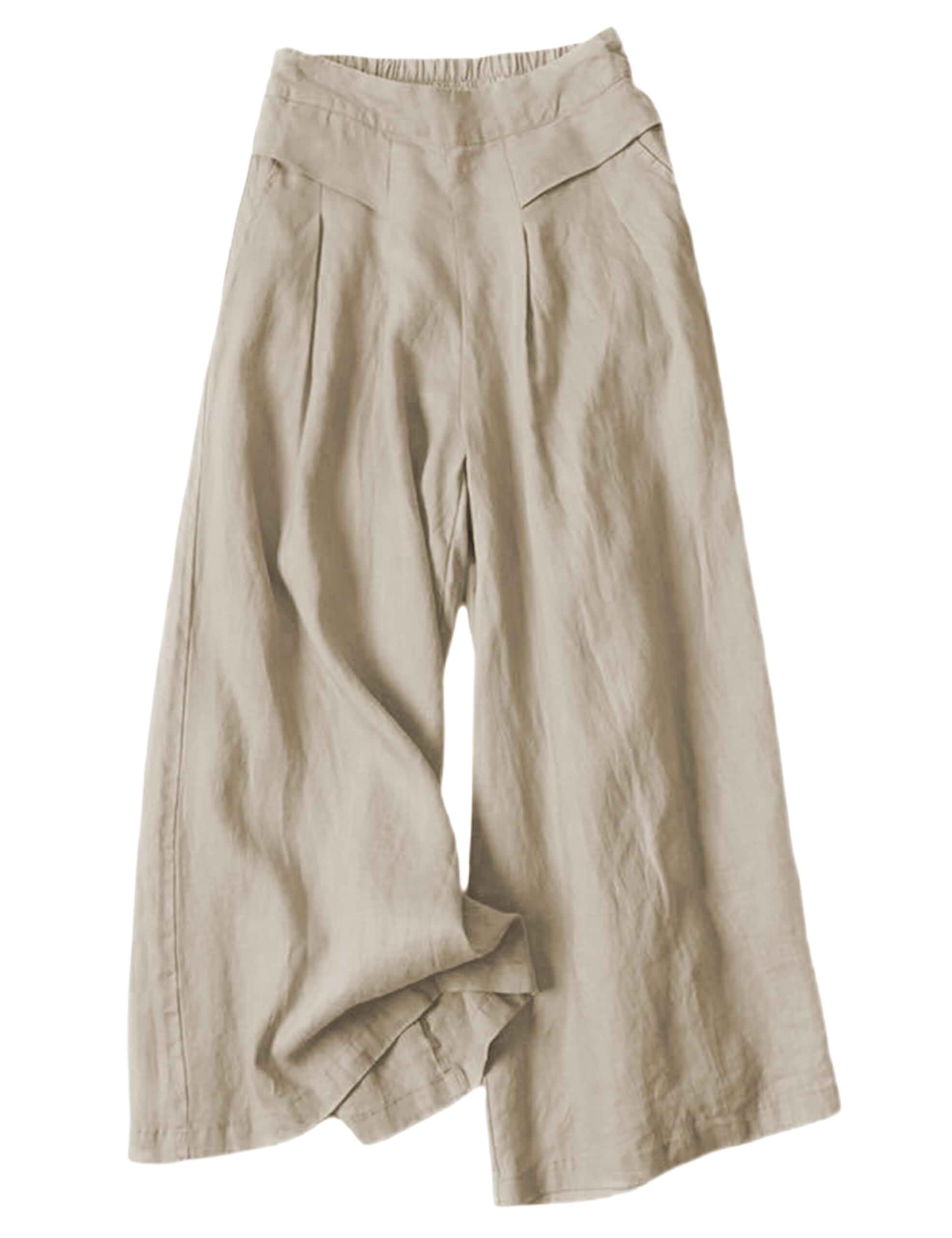 SCUSTY Linen Pants for Women Culottes Capris Wide Leg Palazzo Boho Pants Trousers