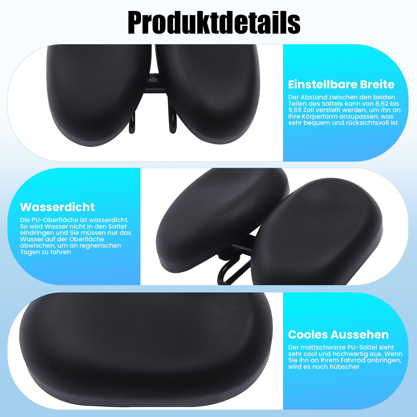 Selle de vélo sans nez 4590 - Ergonomique - Absorption des chocs - Coussin de décompression extra large - Largeur réglable de 20,6 à 20,69 cm - Pour VTT, vélo électrique, trekking