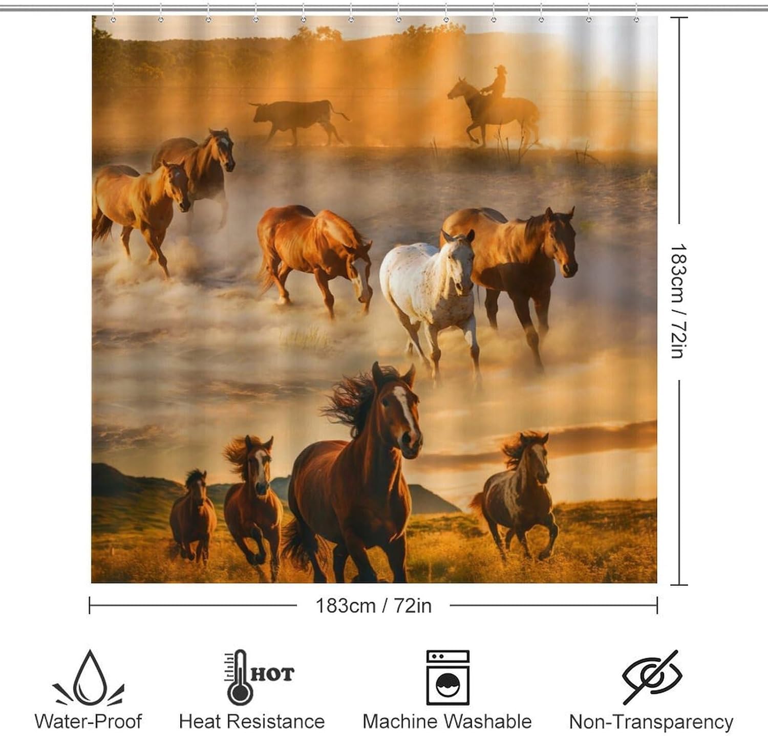 Brebasf Rustic Desert Horses 4 Pcs Waterproof Shower Curtains Set,Vintage Wild Western Cowboy Sunset Running Horses Shower Curtains Shower Rugs Mat Toilet Cover-72 W X 72" L