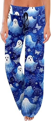Halloween Pajama Pants Women Spooky Ghost Spider Sleep Pants Drawstring Elastic 