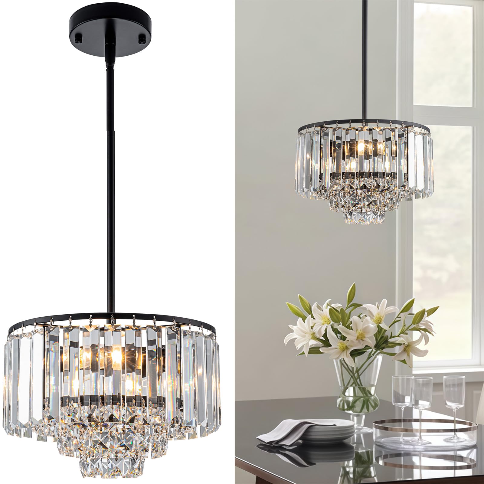 Photo 1 of 15" Brass Gold Crystal Chandeliers for Dining Room, 3-Light Golden Dining Room Chandelier Light Fixtures over Table, 5-Tier Luxury French Round Bathroom Chandelier for Entryway Kitchen Bedroom Foyer