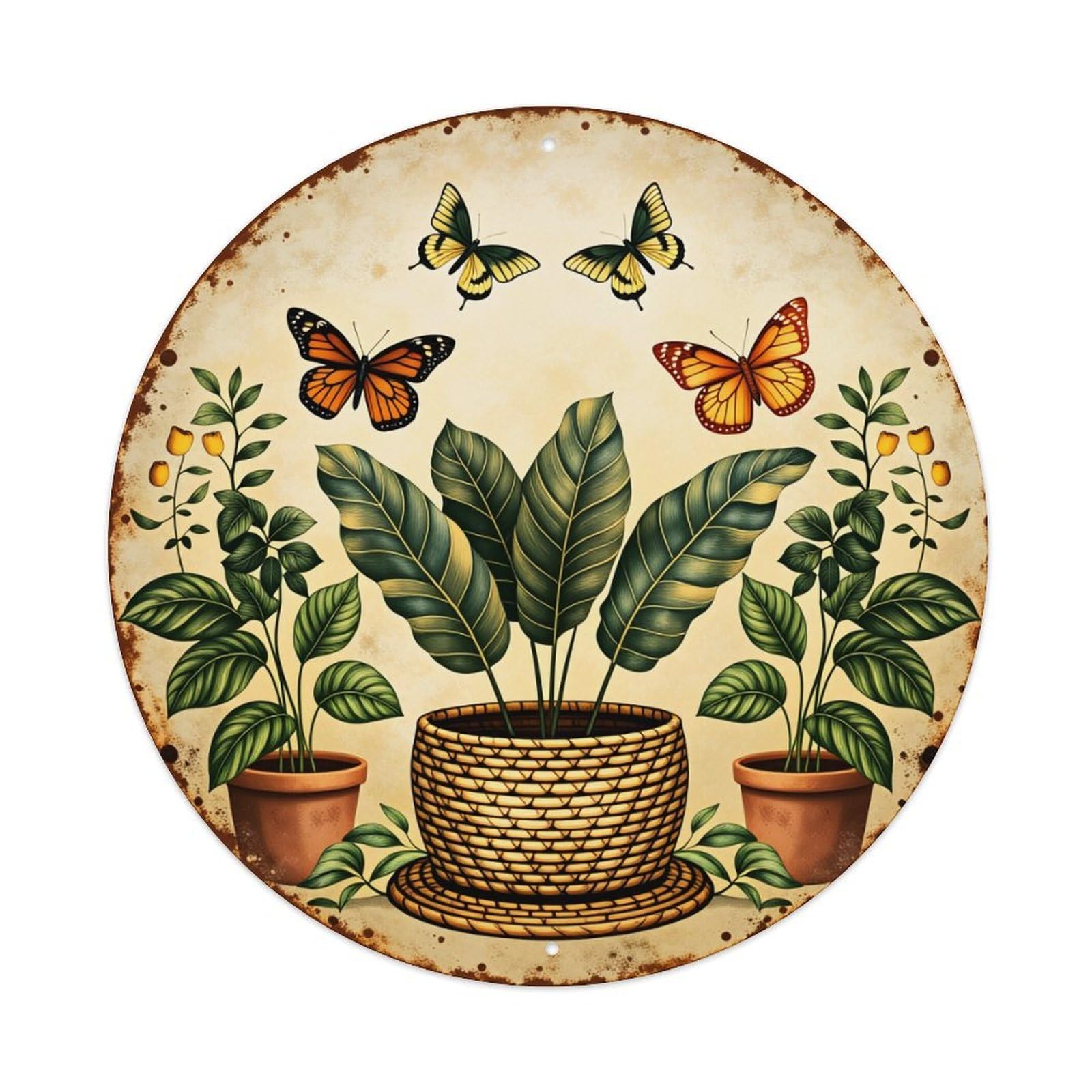 Butterfly Plant Pot Garden Art Round Tin Sign Vintage Style Metal Sign Home Bar Garden Wall Plaque Decor Metal Poster 8x8 Inch