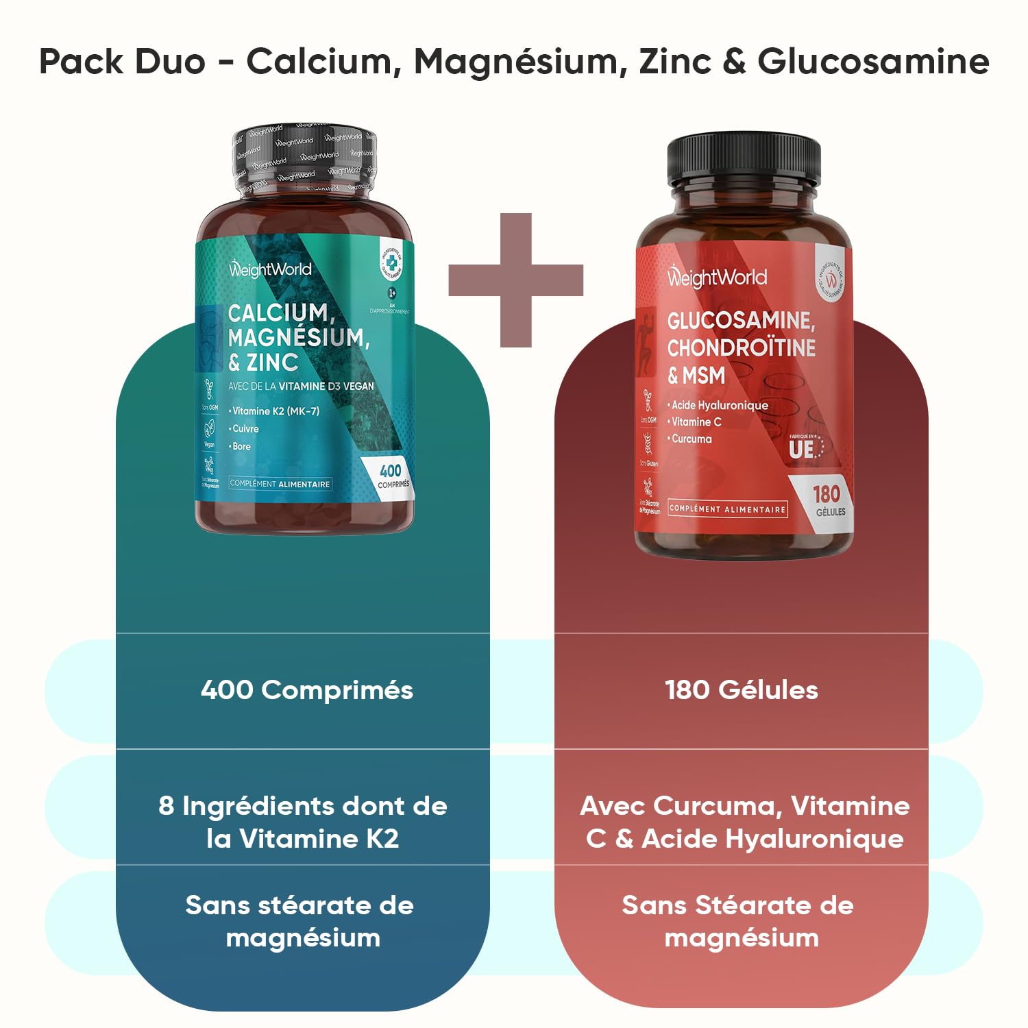 Duo Complémentaire - Calcium Magnésium Zinc Vitamine D3 K2 MK7 400 Comprimés (+ 1 An) - Glucosamine Chondroïtine MSM 180 Gélules, avec Curcuma, Acide Hyaluronique & Vitamine C Acide L Ascorbique