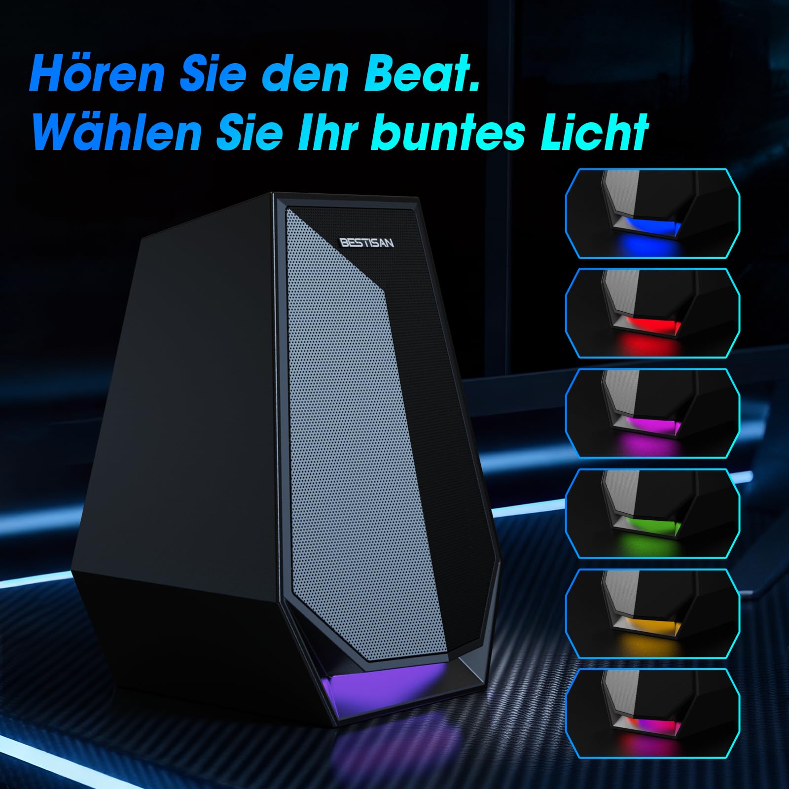 BESTISAN PC-Lautsprecher für Desktop, Bluetooth-Computer-Lautsprecher für Gaming, Monitor, Laptop, 3,5-mm-Aux-/Typ-C-Eingang, Netzbetrieb, Bunte LED-Beleuchtung
