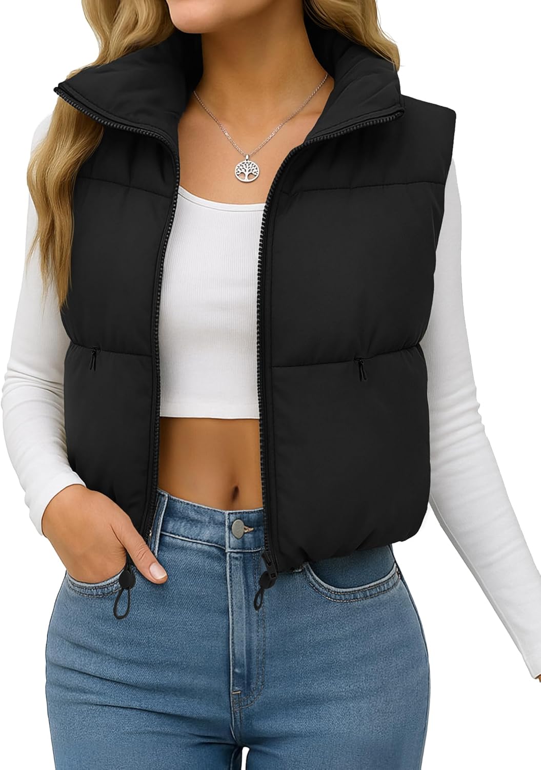 YUCOLEN Women's Crop Puffer Vest Lightweight Warm Outerwear with Fashion Stand Collar Zip Up Padded Cropped Jacket Coat