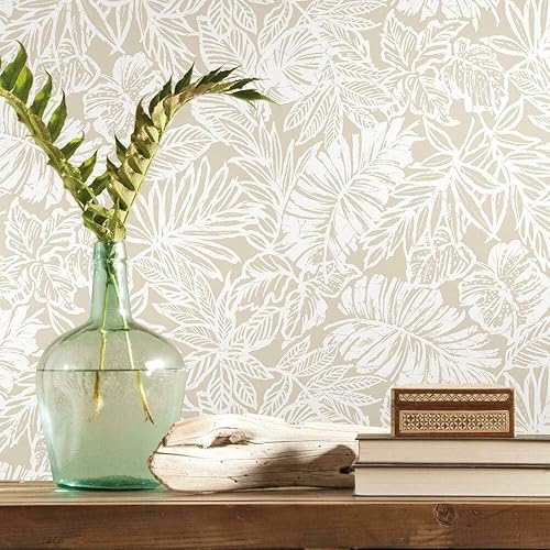 RoomMates RMK11435WP Beige Batik Tropical Leaf Peel and Stick Wallpaper,