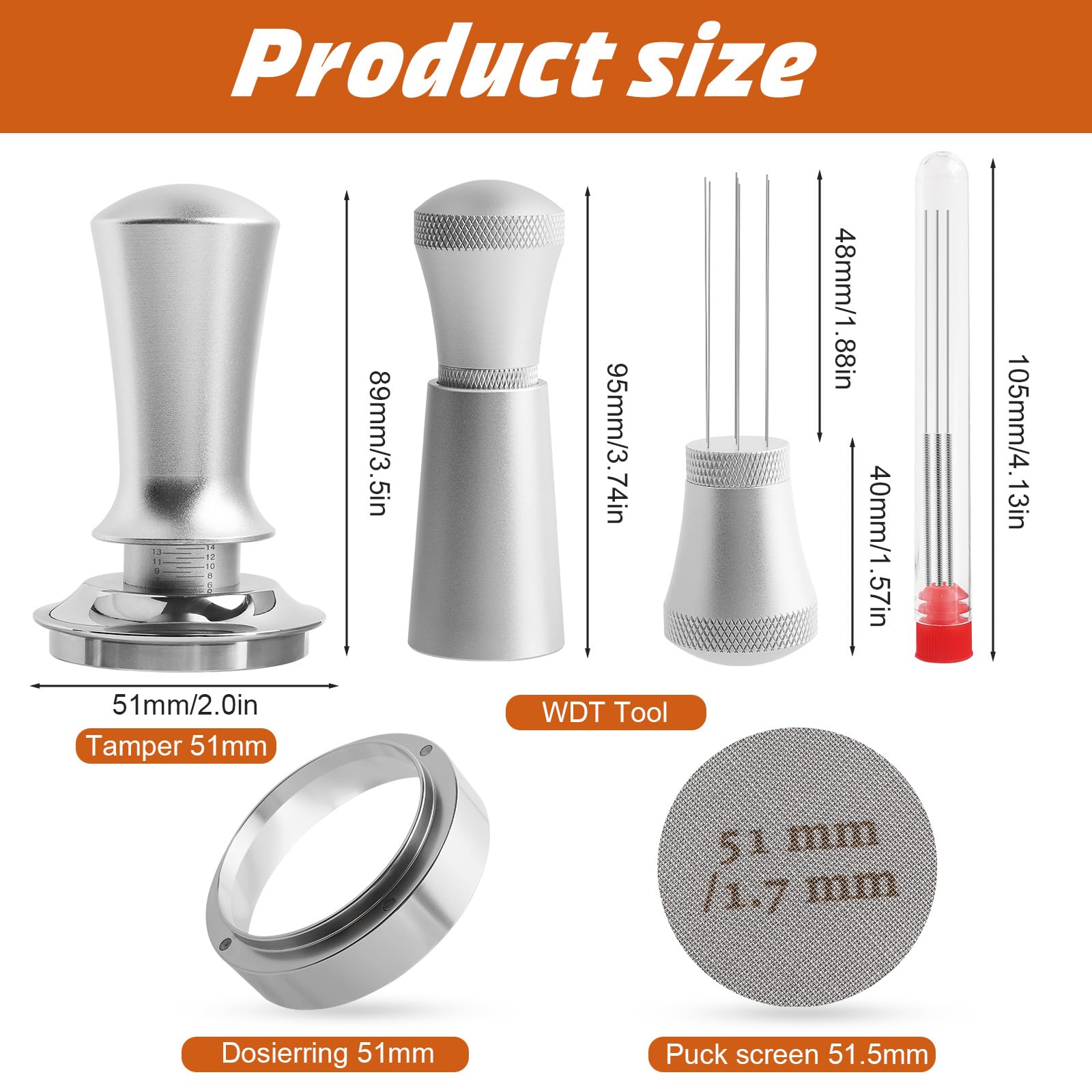 Set Tamper Per Espresso 51 Mm Con 7 Accessori – Pressino Calibrato, Distributore, Agitatore, Imbuto Dosatore, Filtro Puck E Stazione In Legno – Professionale Per Baristi