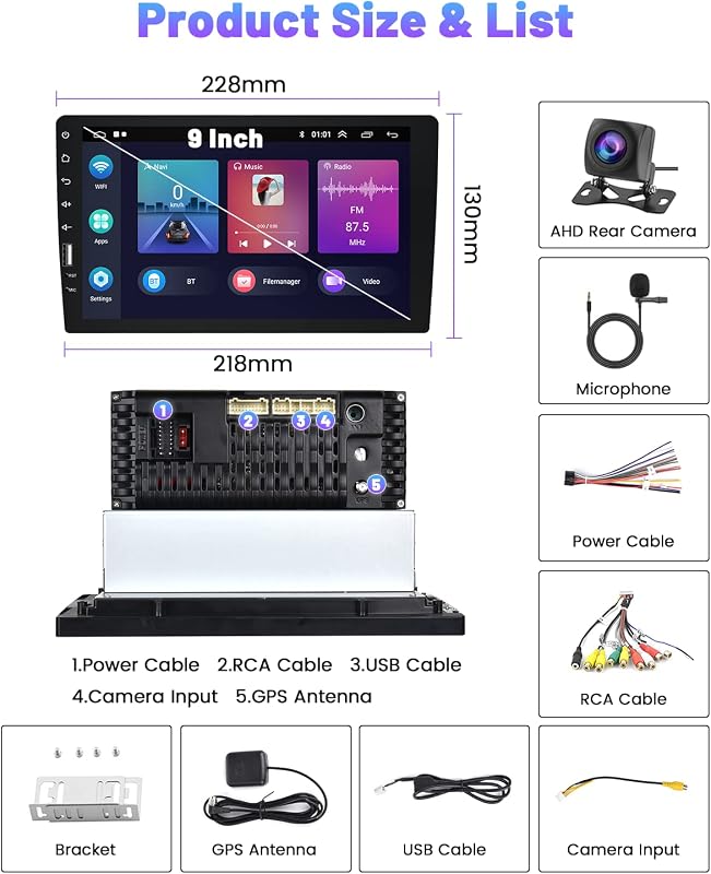 Hikity 1 DIN Android 11 Autórádió 9" Érintőképernyővel - Vezeték Nélküli CarPlay, Bluetooth, WiFi, GPS Navigáció, Tolatókamera, 2GB RAM + 32