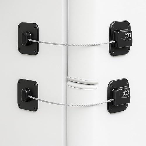 Vista 9 de Cerradura de refrigerador con llaves, cerradura de gabinete a prueba de niños con adhesivo fuerte, plástico ABS y alambre de acero inoxidable