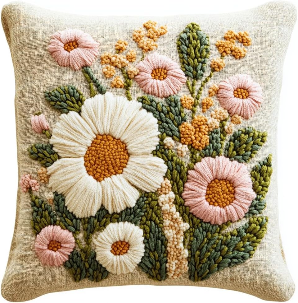 DIY Punch Needle Pillow Kit Cute Little Flowers with Pattern and Hoop Handmade Embroidery Punch Needle Starter Pillowcase Set for Home Sofa Decor 43x43cm-1-2